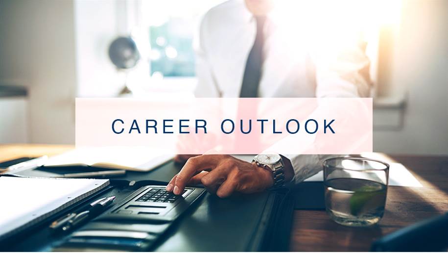 Taxation professional at desk and Career Outlook information for a Master of Taxation